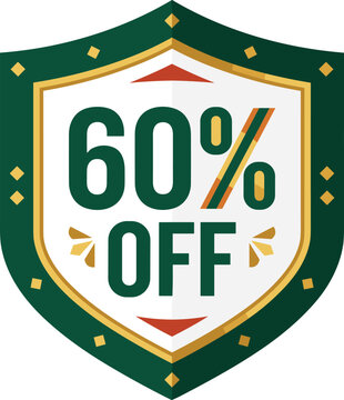 Green and gold 60 percent off sale shield vector graphic with bold discount lettering for retail promotions