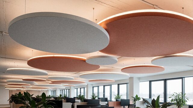 Modern open office interior with circular acoustic ceiling baffles