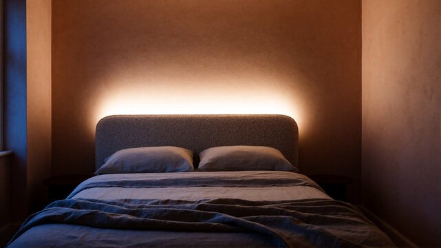 Cozy bedroom with upholstered bed and warm backlit headboard