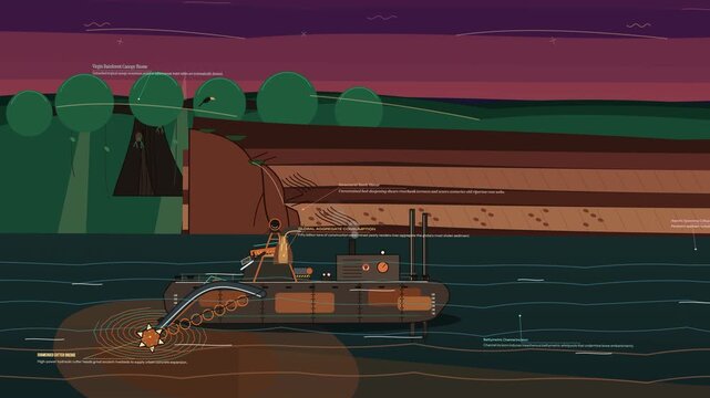 Educational animation of the global sand crisis illustrating riverbank dredging processes and the environmental impact of industrial sediment extraction on aquatic ecosystems
