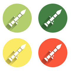 Fototapeta premium Set Rocket launcher with missile icon isolated with long shadow background. Color circle button. Vector