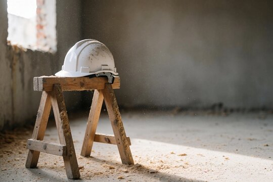 White construction hard hat resting on a dusty wooden sawhorse