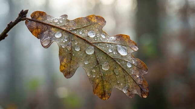 Close-up oak leaf with large water droplets after overnight rain  