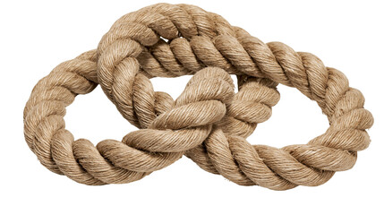 Isolated rustic brown twisted twine rope intricately knotted, symbol of security and strength. © Johan