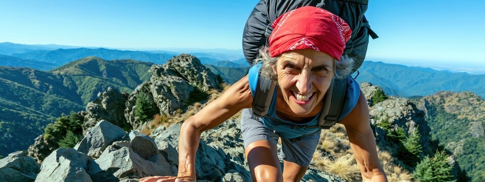 Une randonneuse senior grimpant un versant rocheux portant un foulard rouge, un t-shirt bleu, un short gris et un sac &agrave; dos noir, visage radieux et souriant, vue panoramique.