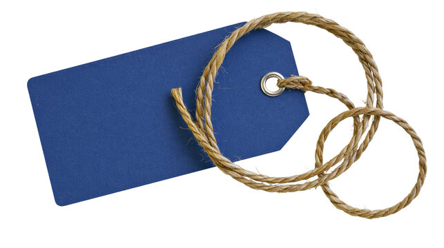 Isolated navy blue blank price tag with natural fiber cord and metallic rivet detail