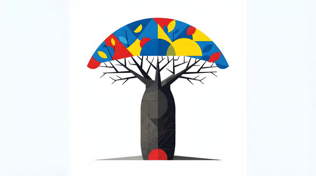 Stylized baobab tree vector illustration with colorful geometric