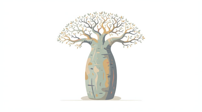 Isolated baobab tree illustration with thick trunk and spreading