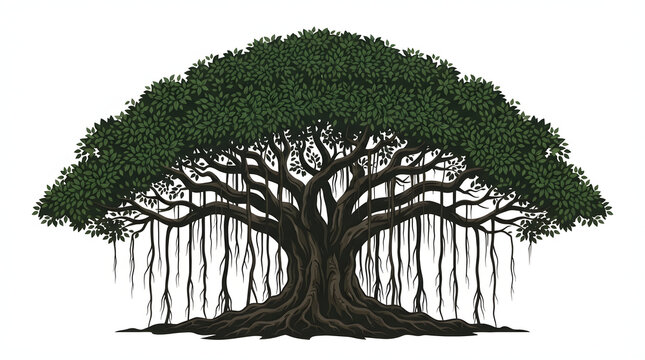 Large banyan tree with hanging aerial roots isolated on transparent