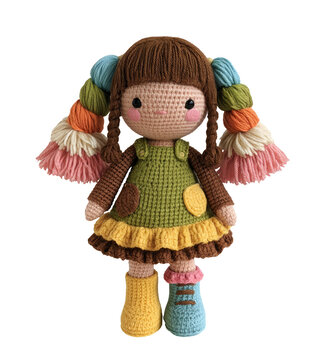 Crochet girl doll with colorful pigtails and green dress