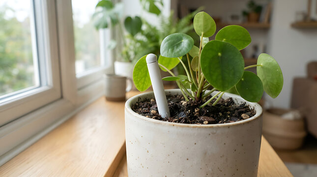 Pilea peperomioides plant in a ceramic pot with a soil moisture meter stick on a wooden windowsill with other plants