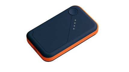 Isolated compact portable power bank charger with illuminated LED status lights and orange trim.