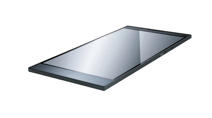 Isolated modern dark grey tablet with sleek minimalist design and reflective blank screen technology. © Johan