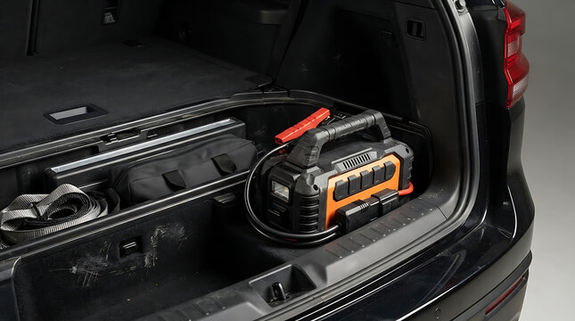 Portable jump starter with cables in the trunk of a car battery emergency automotive