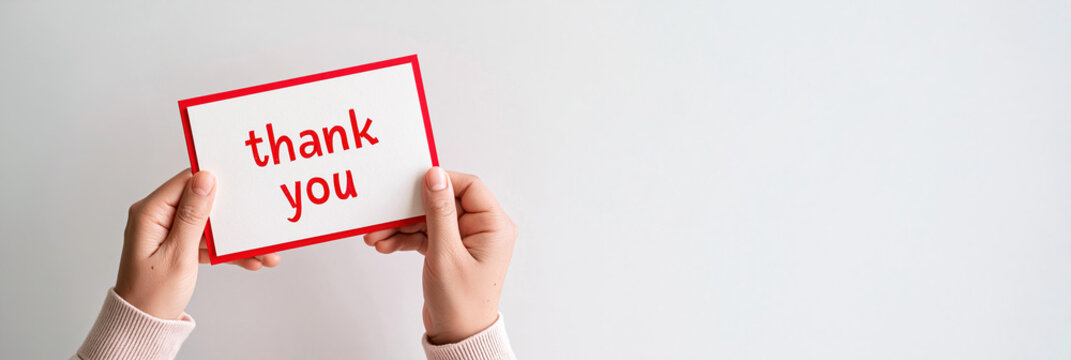 Person holding sign with red thank you text on white background, showing gratitude and appreciation