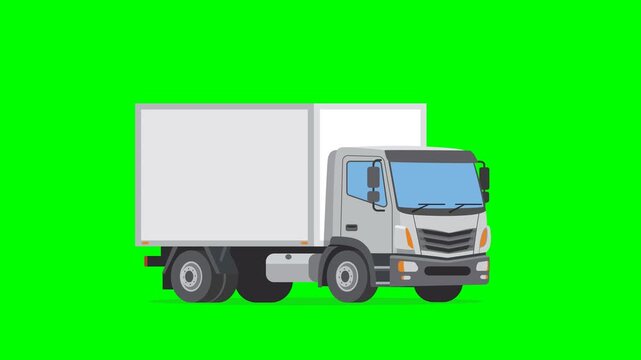 White delivery box truck, 2D animation side view on green screen background