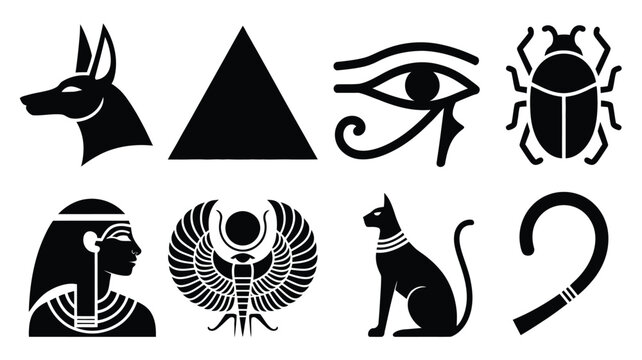 Set of black and white ancient Egyptian vector icons featuring pharaoh, pyramid, Anubis, eye of Horus, scarab, and cat symbols