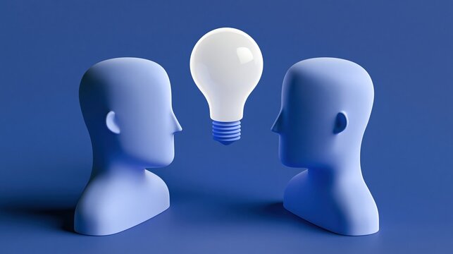 Two heads facing each other with glowing lightbulb between them. Concept of communication, collaboration, and brainstorming