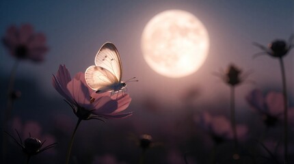 Fototapeta premium Glowing white butterfly sits on pink flower petal under bright full moon. Macro shot of insect on cosmos bloom at night. Magical nature scene with soft moonlight, summer garden vibes, beautiful