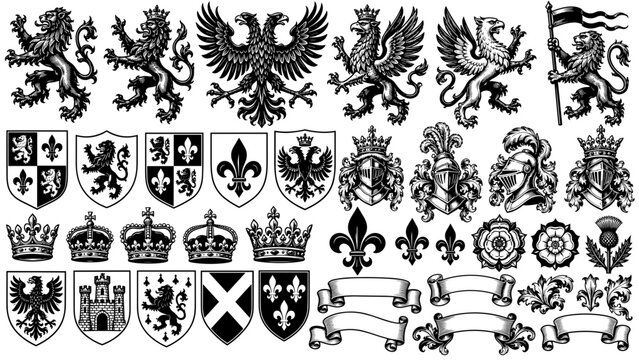 Heraldic symbols and coat of arms design set with shields lions griffins knight helmets crowns and ribbons vector illustration