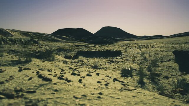 Shadowed desert hollow framed by twin summits and sparse scrub, cool dusk palette, deep troughs and textured ground, evocative isolation and exploration tone