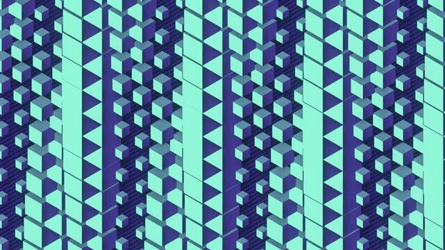 Vertical isometric animation with a cascade of mint green and purple blocks. A seamless geometric pattern with a 3D optical illusion, perfect for modern digital design and tech backgrounds