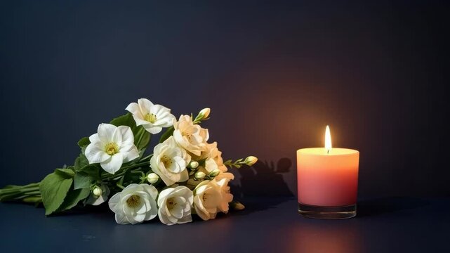 White Flower Bouquet, Glowing Candle, Peaceful Memorial Still Life Arrangement