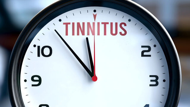 Tinnitus that is going to happen soon. Incoming tinnitus, it's expected in the near future. Tinnitus almost here, in a short time - a clock metaphor showing forecasted tinnitus. ,3d illustration