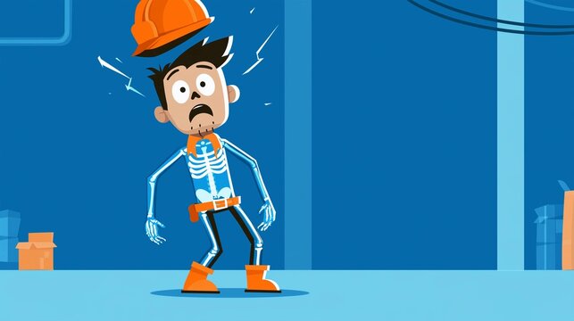 Illustration of a worker who has suffered an electric shock, with his bones visible
