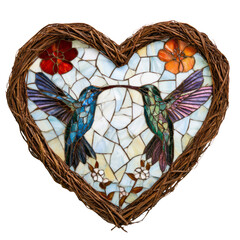 Fototapeta premium Heart shaped stained glass with hummingbirds and flowers