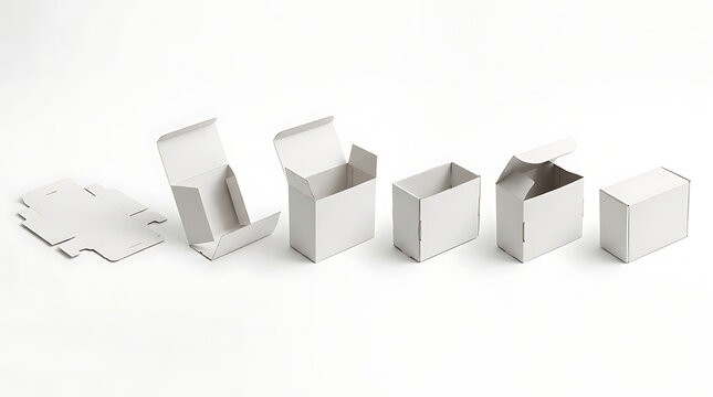 Sequence of white cardboard boxes in various stages of assembly, from flat card to fully formed cubes, on a white background