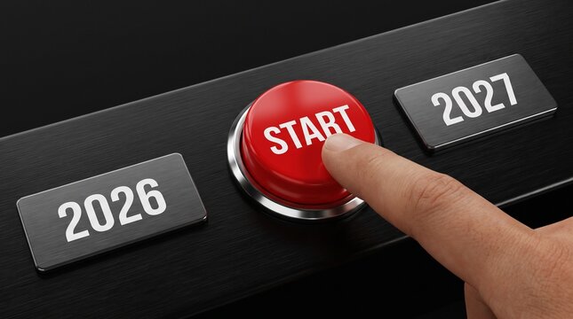 Finger pressing a red start button between 2026 and 2027 years symbolizing future planning and new beginnings with business strategy time management success mindset