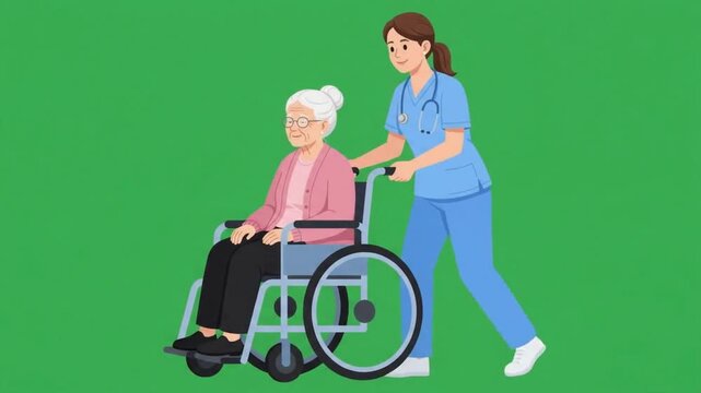 Senior woman in wheelchair pushed by nurse on green background, flat vector style