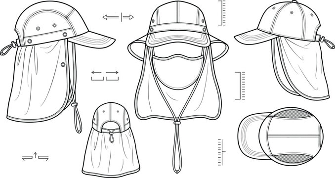 Sun protection hat with neck flap face mask front side back and top views technical line art sketch vector set