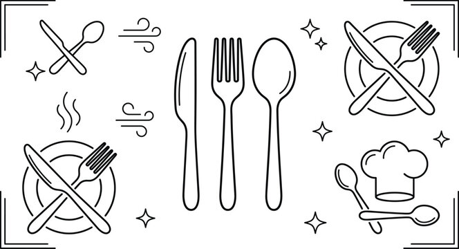 Restaurant cutlery setting knife fork spoon plate and chef hat line art vector icon set