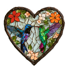 Fototapeta premium Heart shaped stained glass with hummingbirds and flowers