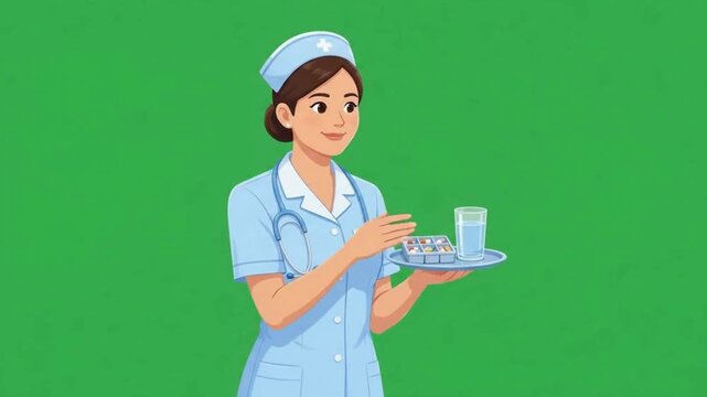 Female nurse character animation sprite sheet holding medical tray on green screen, flat vector style