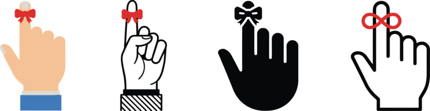 Four stylized hand icons with a string or ribbon tied around the finger as a reminder concept vector set in various designs