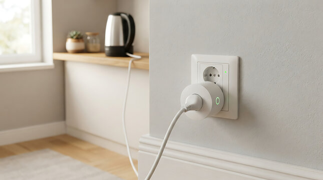 Smart plug connected to a wall socket in a kitchen, with a kettle and plants in the background