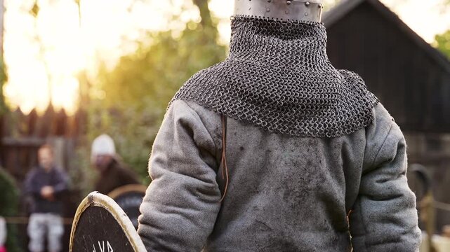 Viking warriors in full armor practicing combat drills with shields outdoors.