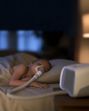 Sleeping child wearing a breathing mask connected to a CPAP machine, pediatric sleep apnea concept for home treatment, respiratory therapy and sleep disorder education