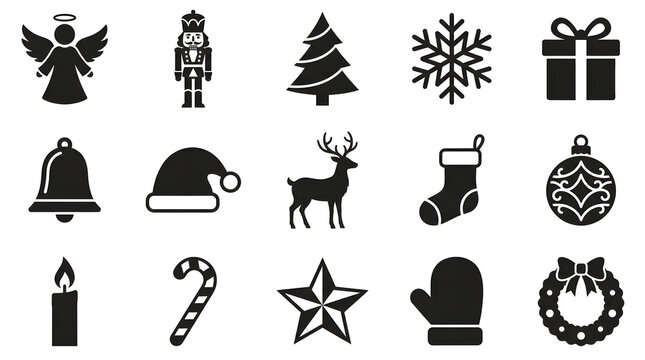 A collection of black silhouette icons representing traditional christmas holiday symbols such as trees snowflakes presents and winter festive decorations
