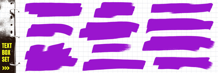 Naklejka na ściany i meble Text box marker set with purple block swipes in varied widths and lengths. Rough felt tip texture with isolated rectangles on white. Vector collection for quote cards or social media labels