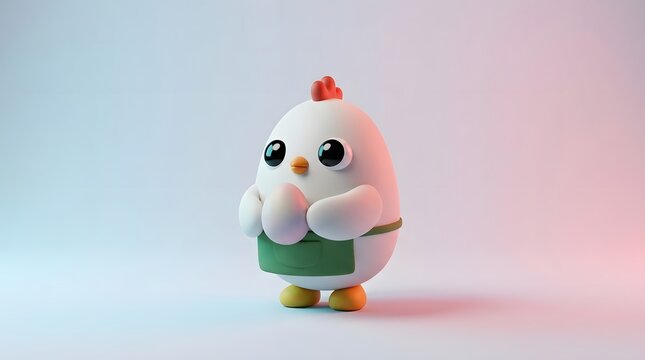 Cute cartoon chicken character wearing a green apron holding a white