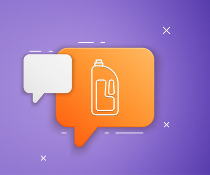 White Container with drain cleaner icon isolated on purple background. Detergent in plastic bottle. Orange speech bubble symbol. Vector