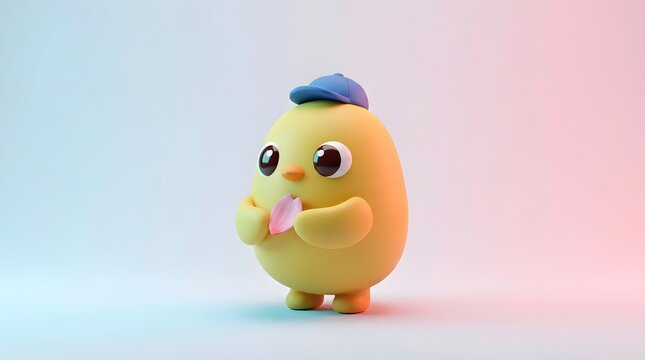 Cute yellow chick character wearing a blue cap holding a pink cherry