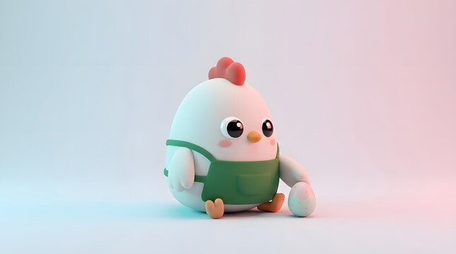 Cute cartoon chicken character wearing a green apron sitting next to