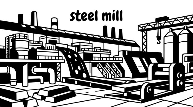 american steel mill black white vector steel factory industrial worker dangerous workplace metal production heavy machinery furnace business commercial facility professional safety illustration design