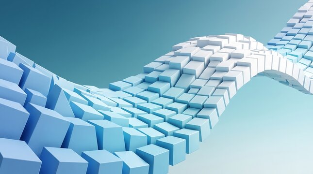 3D rendered interlocking blue-gray cubes forming a wave shape on a light blue gradient background