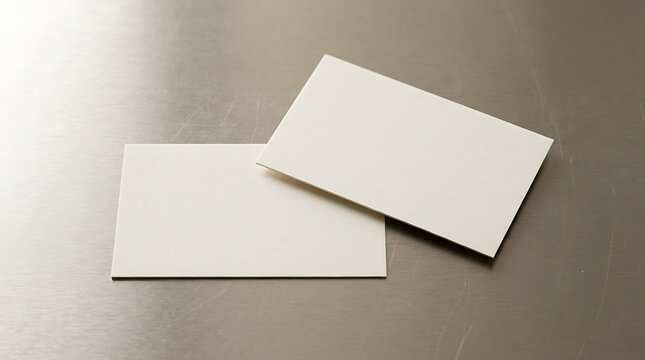Blank white business cards on a brushed metal surface for professional corporate identity mockup
